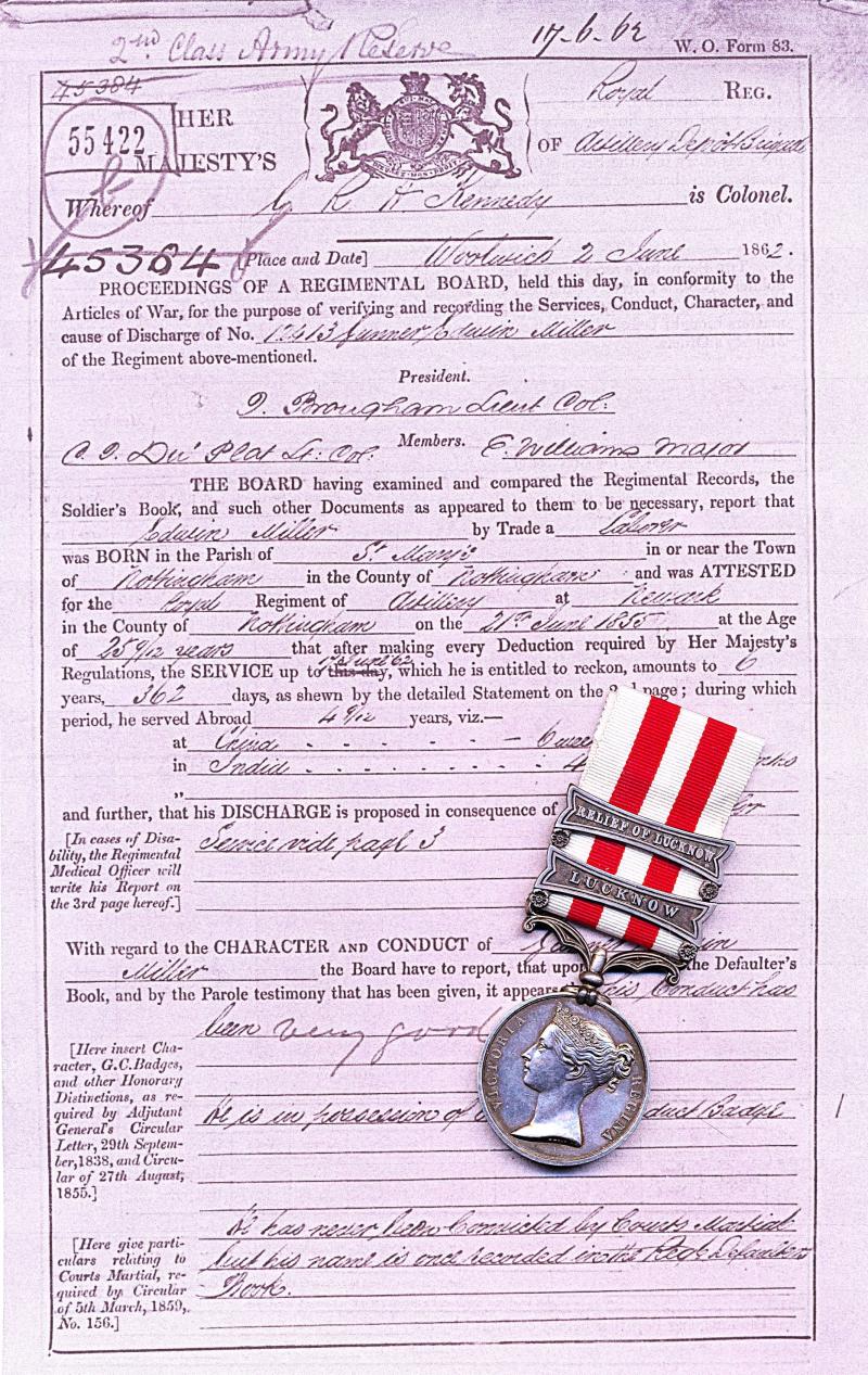 Indian Mutiny Medal 1857-59. With 2 x clasps 'Relief of Lucknow', & 'Lucknow' (Gunr. & Dr. Edwin Miller, 13th Bn. R. Arty.) 