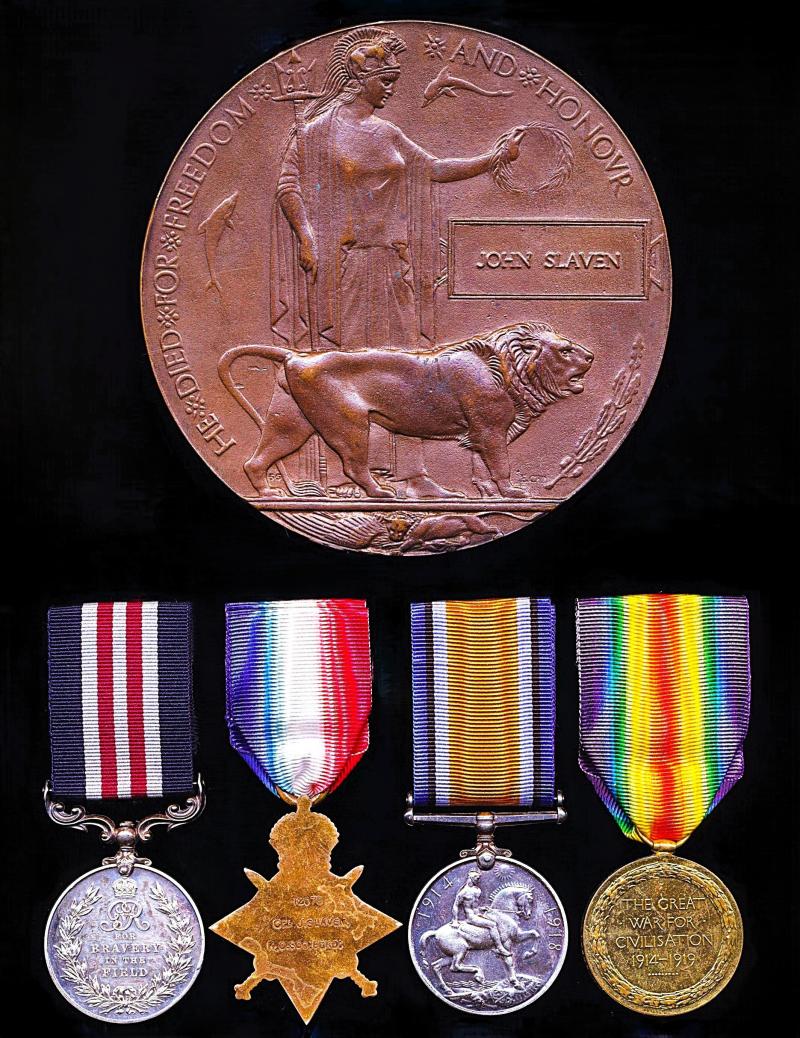 A Wigtownshire Casualty & confirmed 'Battle of Vimy Ridge' gallantry & campaign medal group of 4 together with Memorial Plaque: Corporal John Slaven, M.M., 2nd Battalion King's Own Scottish Borderers