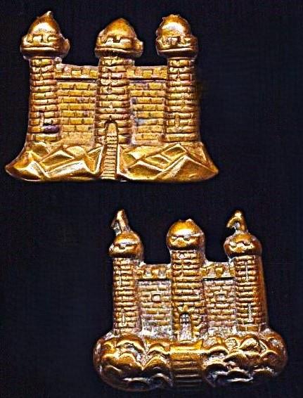 King's Own Borderers (25th Regiment of Foot): Two variant gilding metal collar badges. Worn by 'Other-Ranks' (circa 1874-1887)