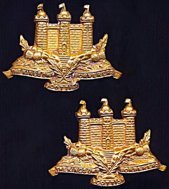 King's Own Scottish Borderers: Pair (2) of gilding metal collar badges. Worn by 'Other-Ranks' (circa 1899-1961)