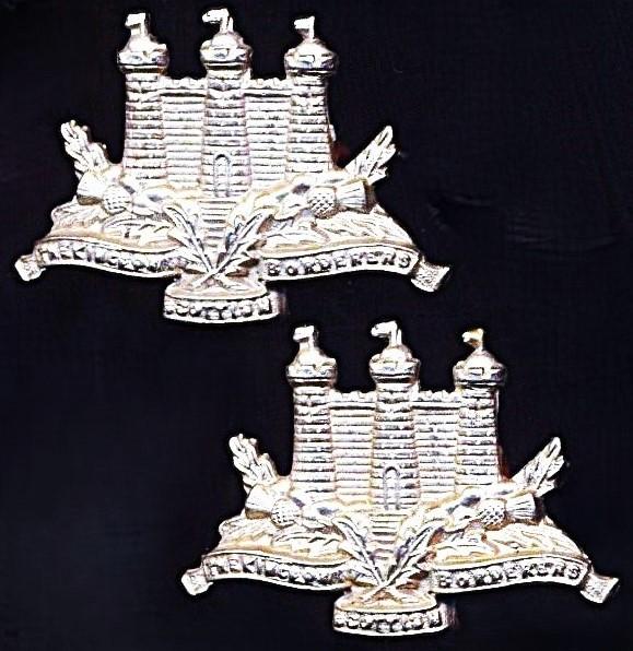King's Own Scottish Borderers: Pair of White metal collar badges. Worn by Pipers (circa 1902-1960) & Territorial Force (1908-1920)