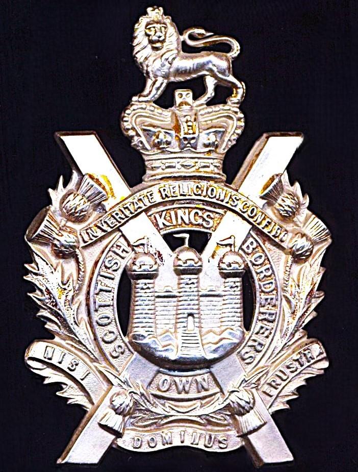 King's Own Scottish Borderers (K.O.S.B.). Victorian Crown. White-metal 'Helmet Plate' centre-piece badge adapted for wear as Glengarry / Cap  badge. Circa 1887-1901