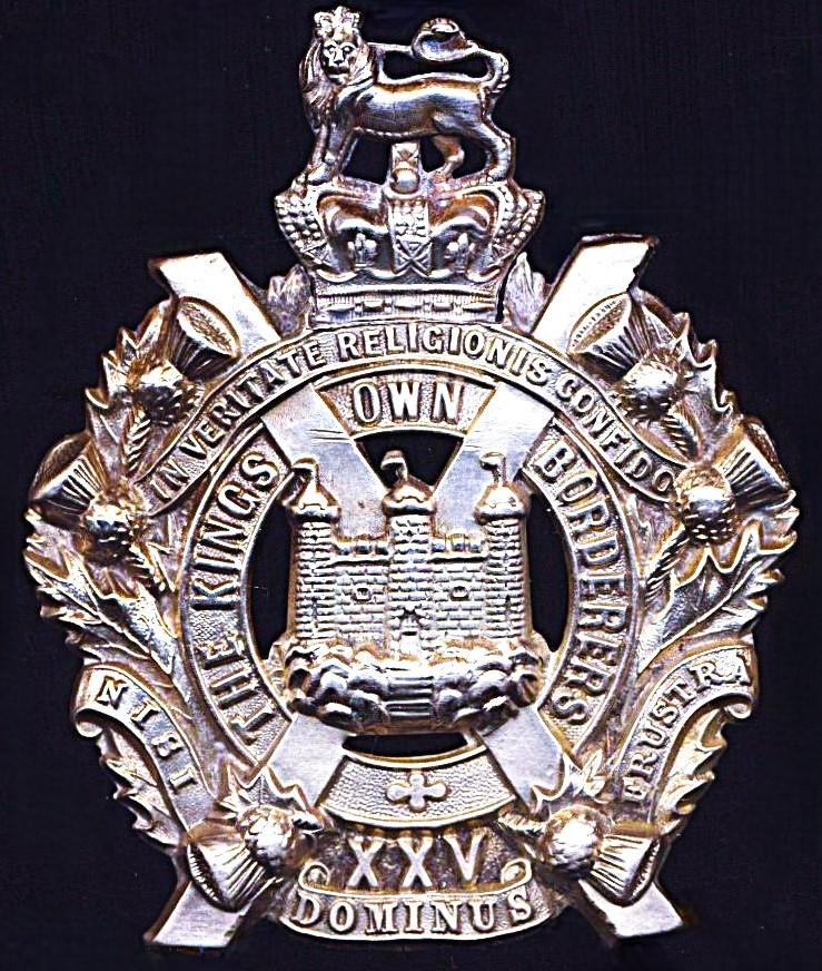 The 25th (The King's Own Borderers) Regiment of Foot: Other Ranks centre-piece 'customised' cap badge. Victorian crown. White metal. Worn circa 1874-1881
