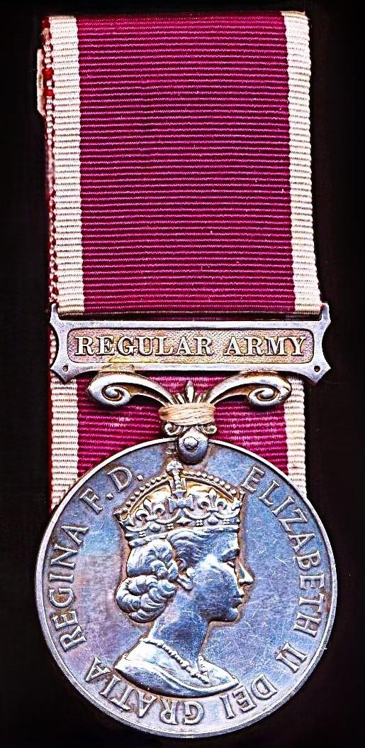 Military Long Service and Good Conduct Medal. EIIR second issue with clasp 'Regular Army' (23879487 Sjt C J Hunt WG)
