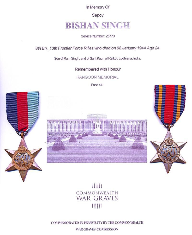 A scarce seen confirmed Sikh casualty for Burma Campaign 1944: Sepoy Bishan Singh 8th Battalion 13th Frontier Force Rifles, Indian Army