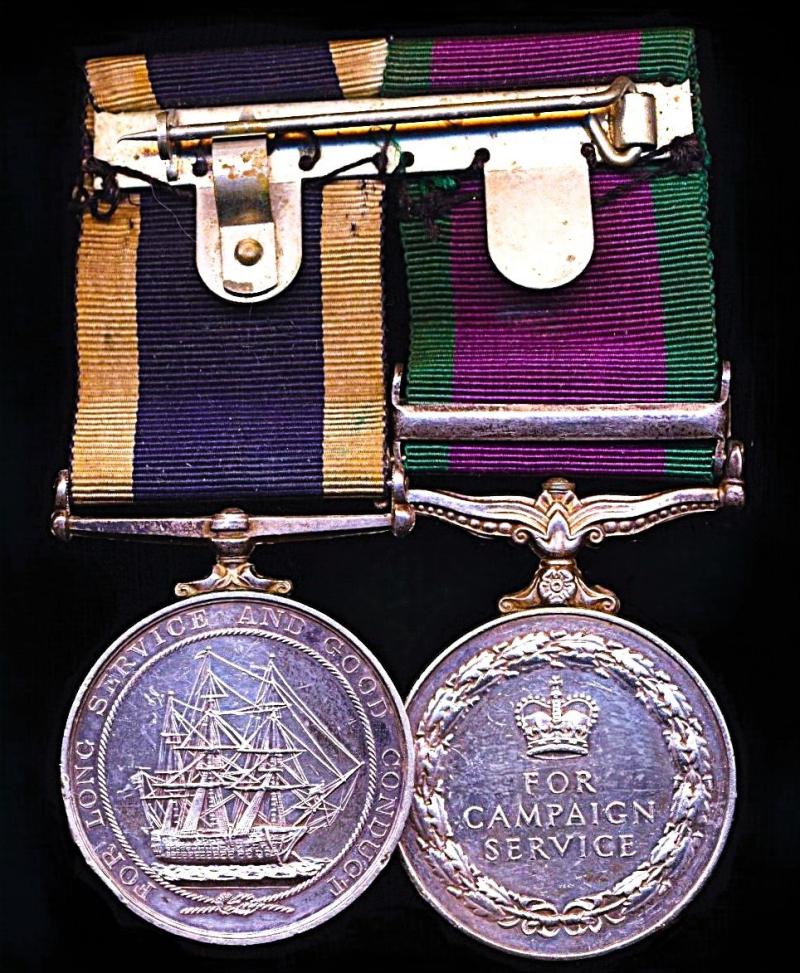 A Naval Petty Officer's campaign and long service medal pair: Petty Officer Mechanician G. Robinson, Royal Navy