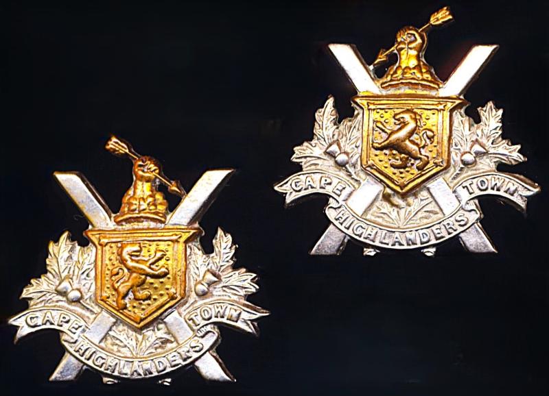 Union of South Africa: Cape Town Highlanders. Pair of facing bi-metal collar badges. Circa 1913-1945