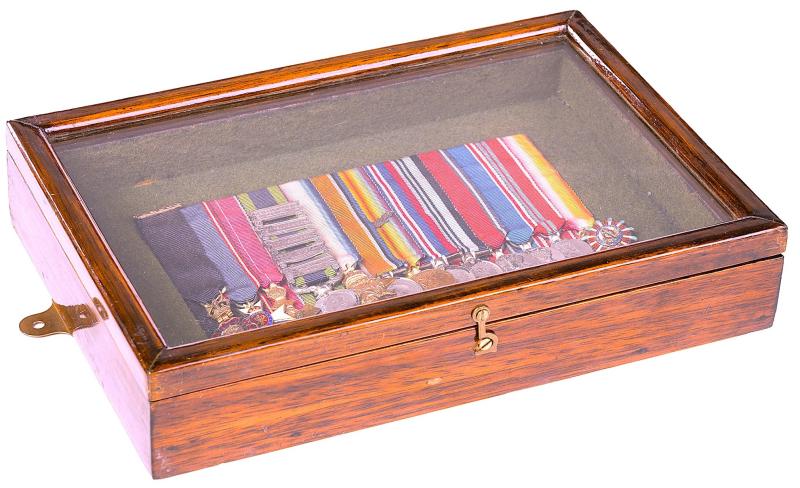 Custom made 1950's 'Miniature Medals' wooden glazed display case