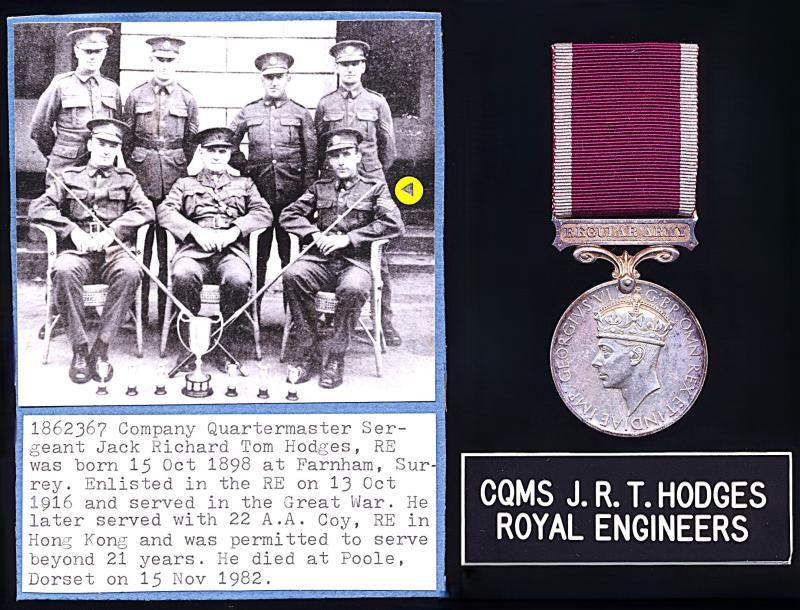 Military Long Service & Good Conduct Medal. GV with 'Regular Army' bar (1862367 Sjt. J. R. T. Hodges. R.E.)
