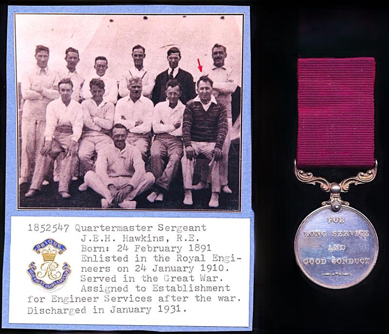 Army Long Service & Good Conduct Medal. GV 2nd issue (1852547 W.O. Cl. II. J. E. H. Hawkins. R.E.)