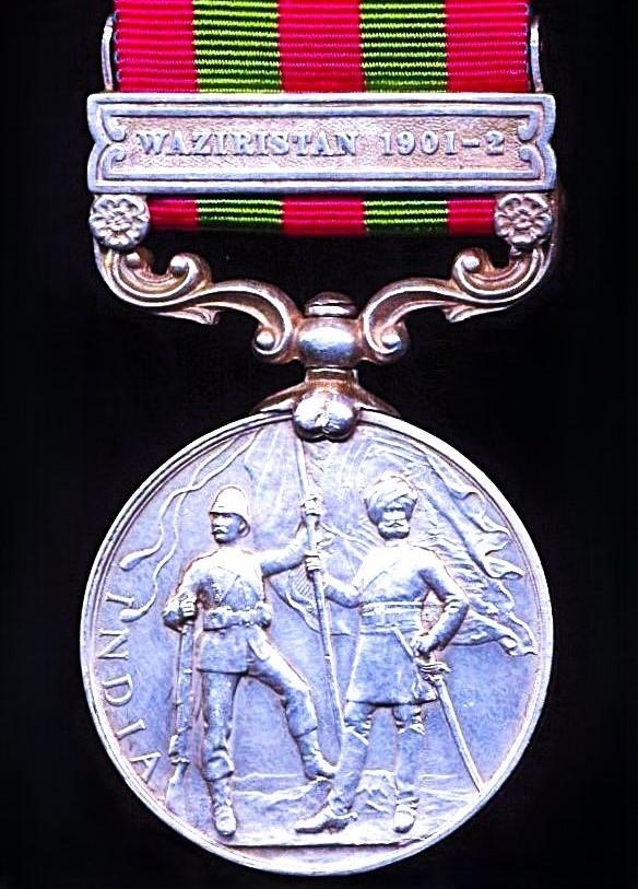 India General Service Medal 1895-1902. EDVII silver issue with clasp Waziristan 1901-02' (233 Sepoy Hayat Khan South Waziristan Militia)