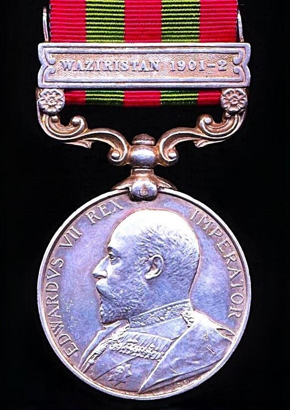 India General Service Medal 1895-1902. EDVII silver issue with clasp Waziristan 1901-02' (233 Sepoy Hayat Khan South Waziristan Militia)