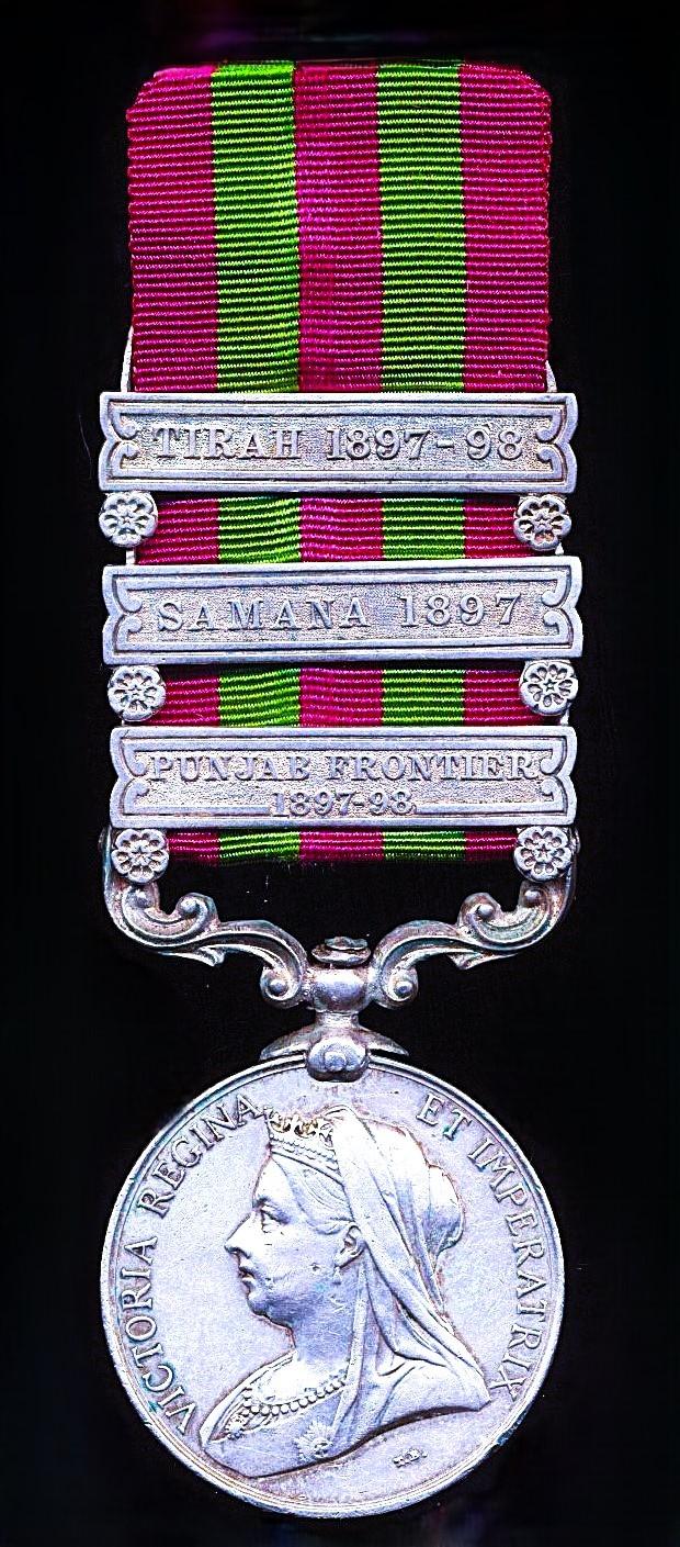 India General Service Medal 1895-1902. Victoria, silver issue with 3 x clasps, 'Punjab Frontier 1897-98', 'Samana 1897' & 'Tirah 1897-98' (1195 Naib Dafr Abbas Ali Khan, 2nd. C.I. Horse.)