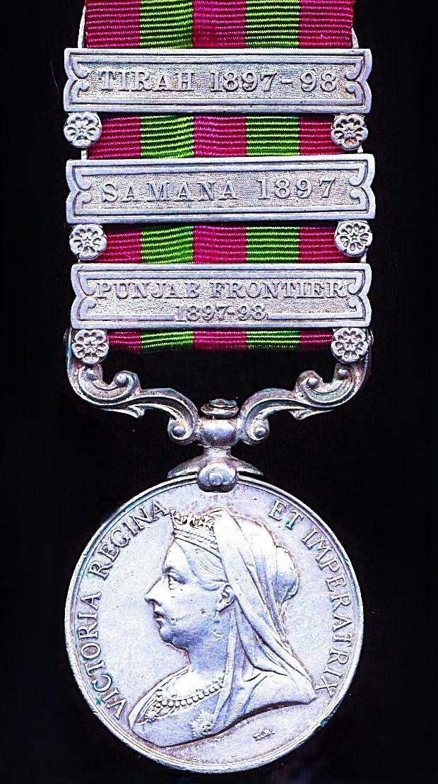 India General Service Medal 1895-1902. Victoria, silver issue with 3 x clasps, 'Punjab Frontier 1897-98', 'Samana 1897' & 'Tirah 1897-98' (1195 Naib Dafr Abbas Ali Khan, 2nd. C.I. Horse.)