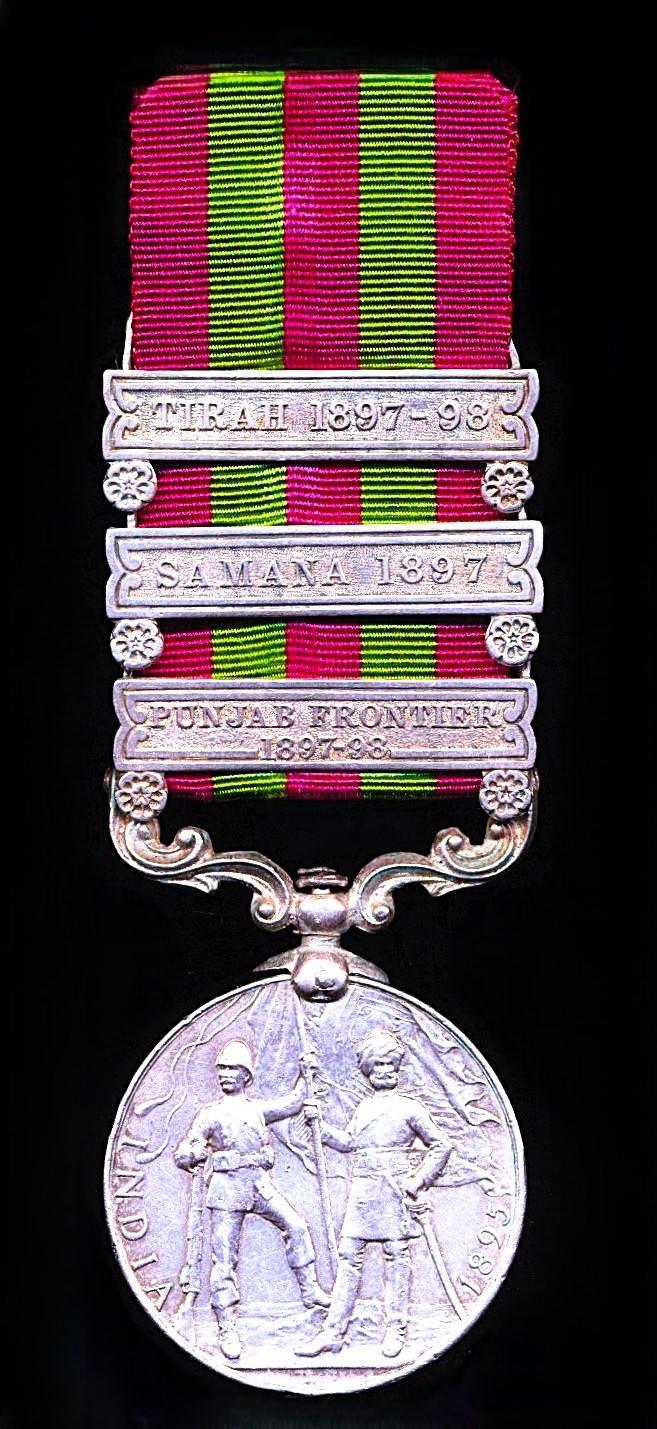 India General Service Medal 1895-1902. Victoria, silver issue with 3 x clasps, 'Punjab Frontier 1897-98', 'Samana 1897' & 'Tirah 1897-98' (1195 Naib Dafr Abbas Ali Khan, 2nd. C.I. Horse.)
