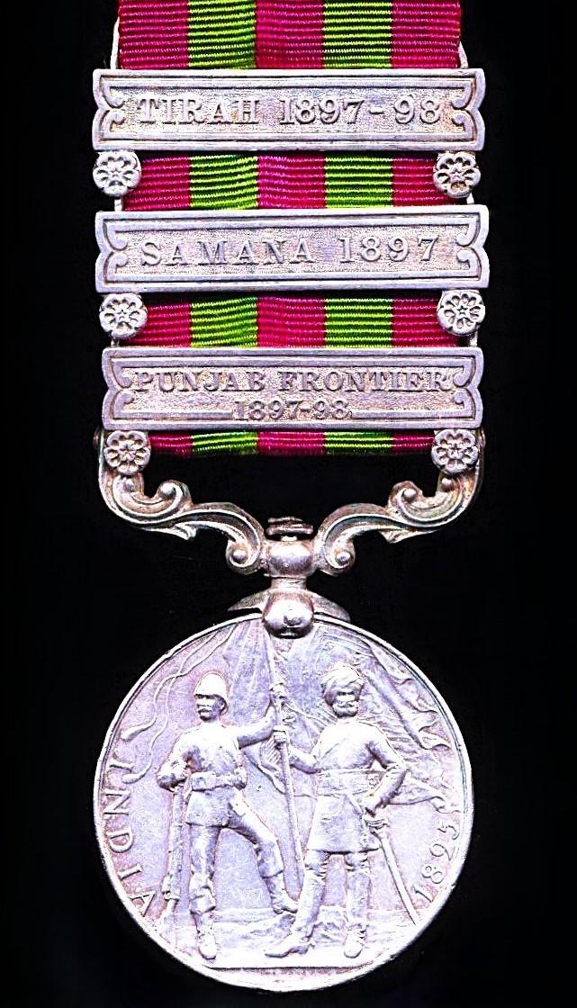India General Service Medal 1895-1902. Victoria, silver issue with 3 x clasps, 'Punjab Frontier 1897-98', 'Samana 1897' & 'Tirah 1897-98' (1195 Naib Dafr Abbas Ali Khan, 2nd. C.I. Horse.)