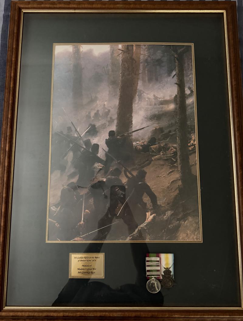 A Magnificent 'Framed' maximum-issue campaign medal pair for the Second Afghan War 1878-80: Muleteer 5th Goorkha Regiment