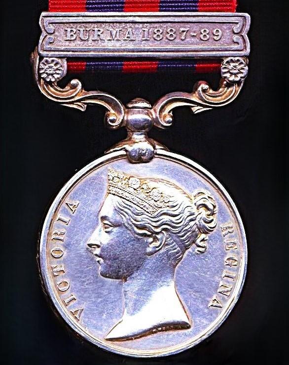 India General Service Medal 1854-95. Silver issue with clasp 'Burma 1887-89' (Asst. Apothecary T. A. S. Connor S.M.D. Madras)