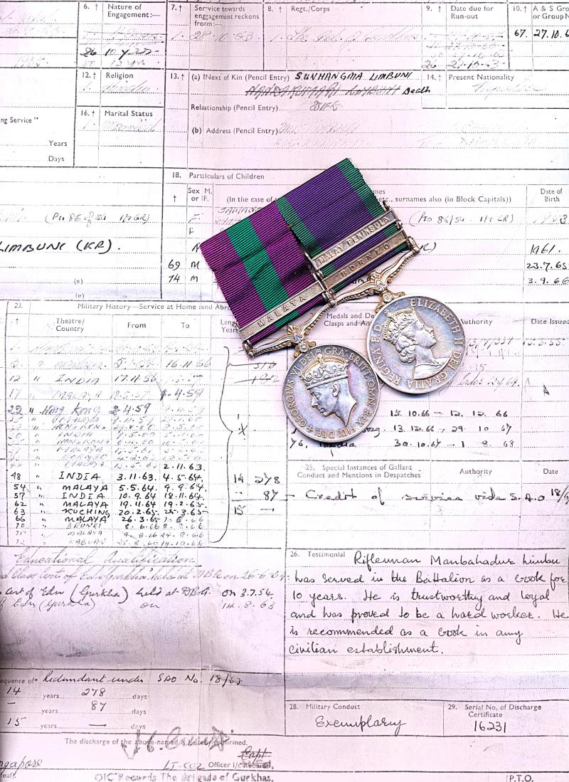 A 'Jungle Fighter's' campaign medal pair for the 'Malaya Emergency' and later 'Confrontation with Indonesia Rifleman Manbahadur Limbu, 1st Battalion 7th Gurkha Rifles