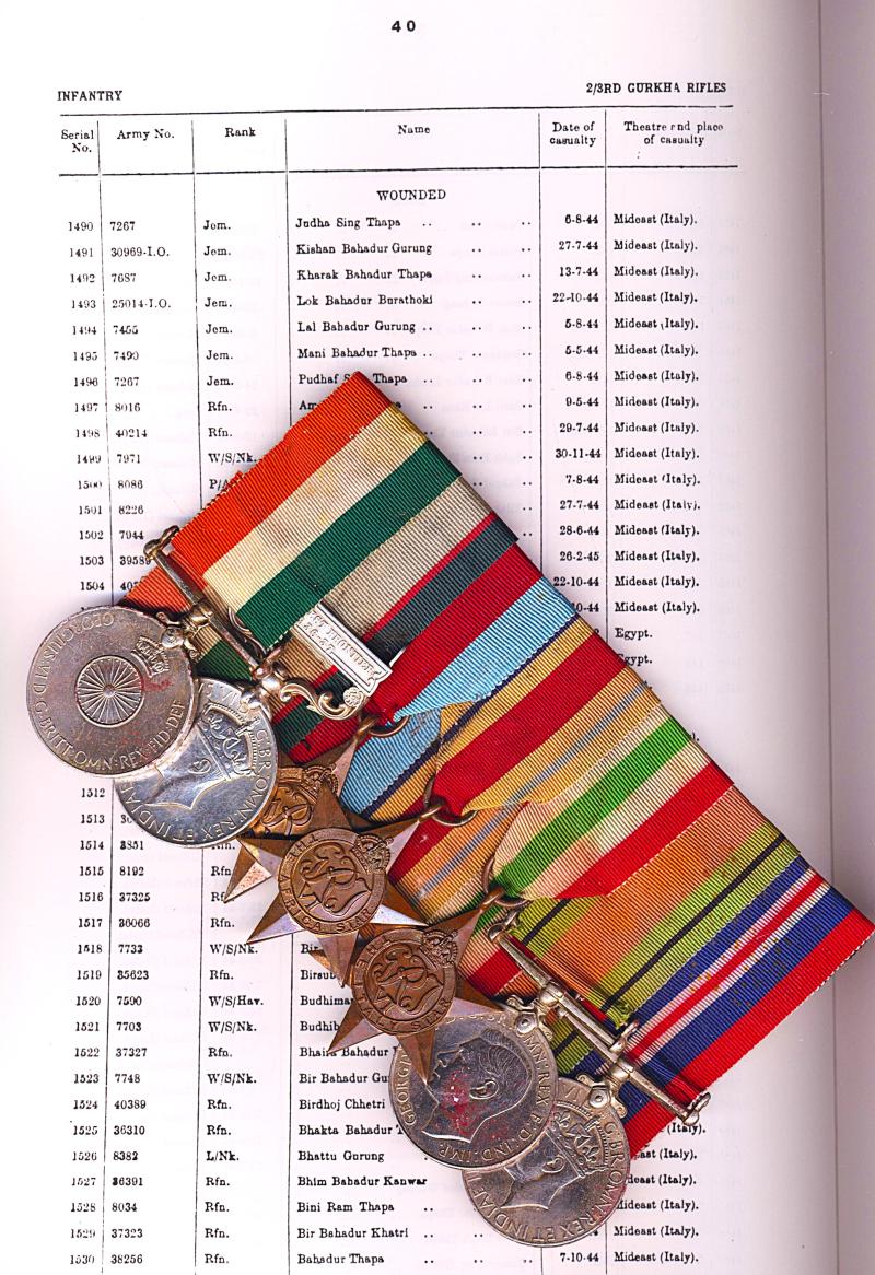 A Gurkha Officer Italy Campaign 'Wounded-in-Action' at Monte Castello, campaign and independence medal group of 7: Jemadar Lalbahadur Gurung, 3rd Battalion 3rd Gorkha Rifles, late 2nd & 1st Battalion 3rd Gurkha Rifles