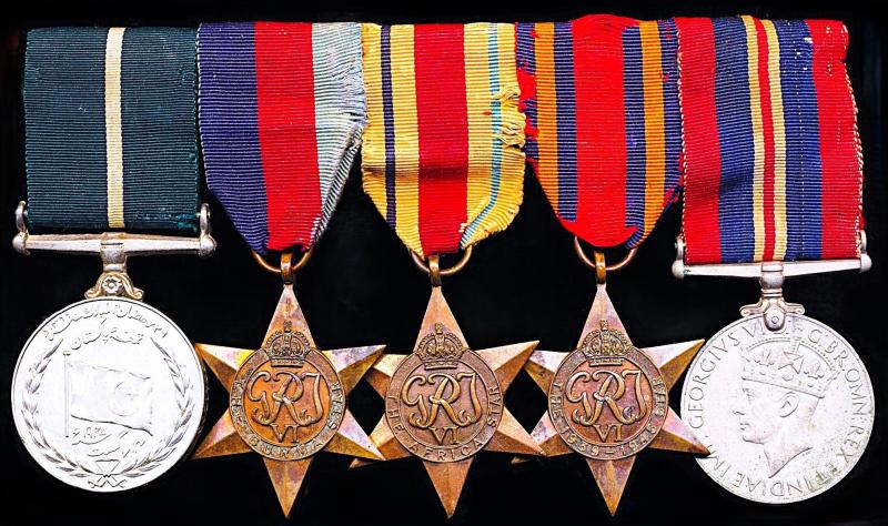 A Pakistan Junior Officer's WWII campaign & Independence medal group of 5 to a veteran who had served in the 5th 'Ball of Fire' Indian Division: Jemadar Ghulam Mohammed 8 Punjab Regiment Pakistan Army late 5th Indian Division, Indian Army