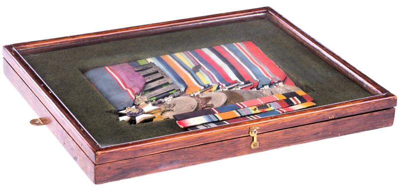 Custom made 1950's 'empty' Medals wooden glazed display case. Suitable for displaying 9-11 overlapping full-size medals