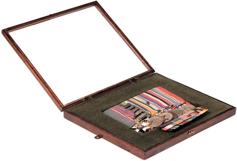 Custom made 1950's 'empty' Medals wooden glazed display case. Suitable for displaying 9-11 overlapping full-size medals