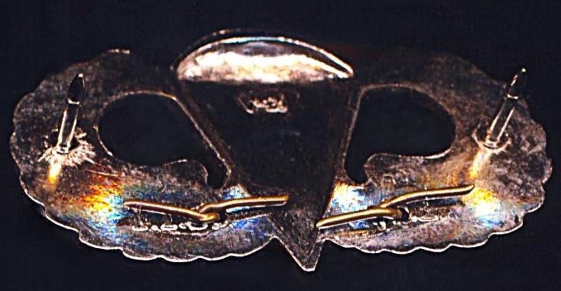 United States Army: Parachutist Badge. White metal 'Jump Wings' with 2 x bronze 'Combat Assault Stars' maker marked regulation size