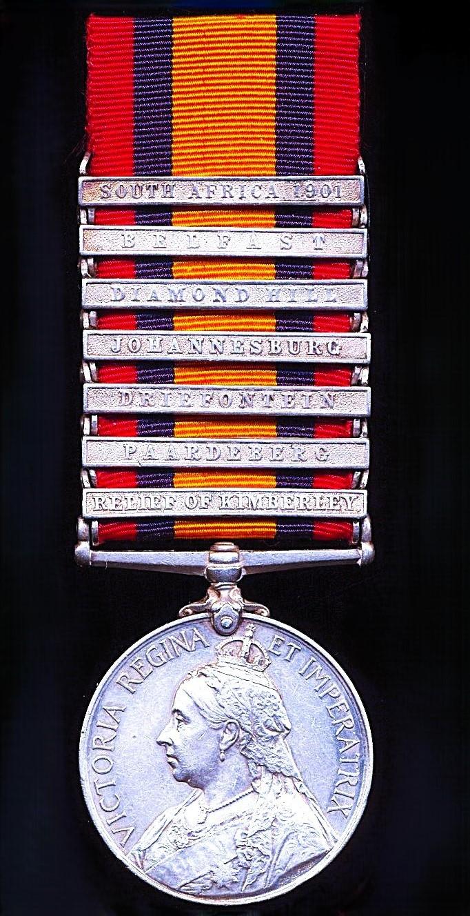 Queen’s South Africa Medal 1899-1902. Silver issue with 7 x clasps, 'Relief of Kimberley', 'Paardeberg', 'Driefontein', 'Johannesburg', 'Diamond Hill', 'Belfast'& 'South Africa 1901' (23773, Sapr. E. A. Burbidge. R.E.)