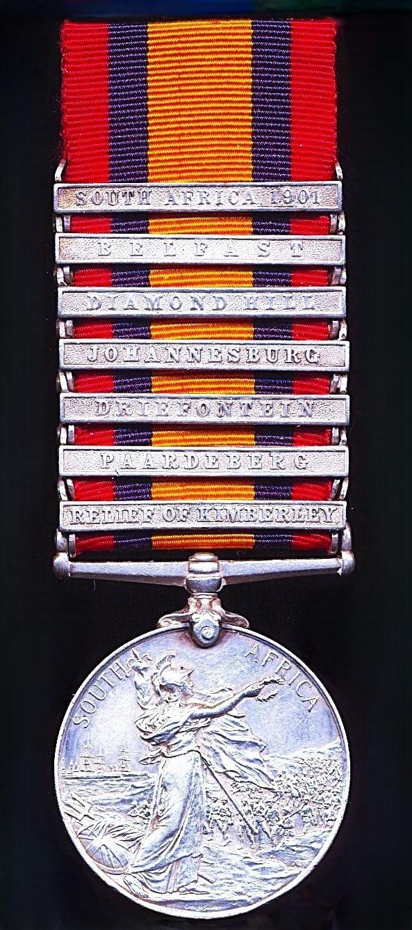 Queen’s South Africa Medal 1899-1902. Silver issue with 7 x clasps, 'Relief of Kimberley', 'Paardeberg', 'Driefontein', 'Johannesburg', 'Diamond Hill', 'Belfast'& 'South Africa 1901' (23773, Sapr. E. A. Burbidge. R.E.)