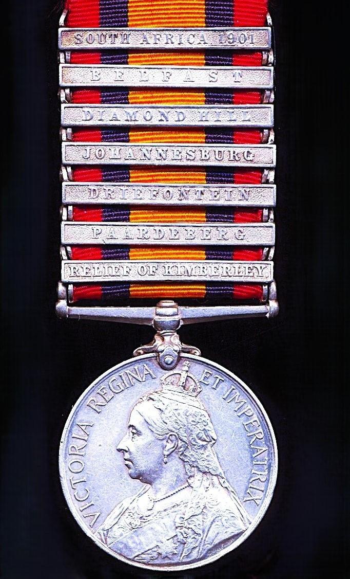 Queen’s South Africa Medal 1899-1902. Silver issue with 7 x clasps, 'Relief of Kimberley', 'Paardeberg', 'Driefontein', 'Johannesburg', 'Diamond Hill', 'Belfast'& 'South Africa 1901' (23773, Sapr. E. A. Burbidge. R.E.)