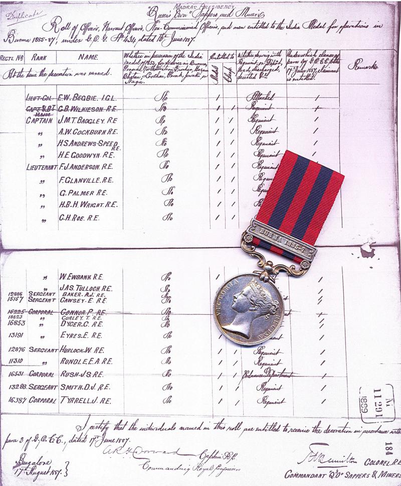 India General Service 1854-95. Silver issue with clasp 'Burma 1885-7 (12876. Sergt. W. Hurlock. R.E.)