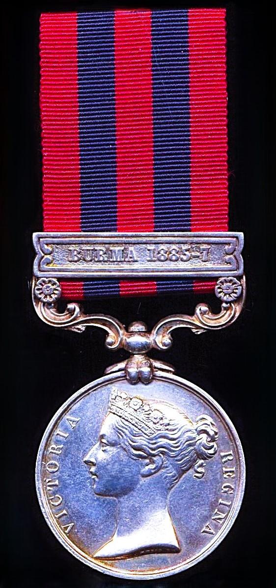 India General Service 1854-95. Silver issue with clasp 'Burma 1885-7 (12876. Sergt. W. Hurlock. R.E.)