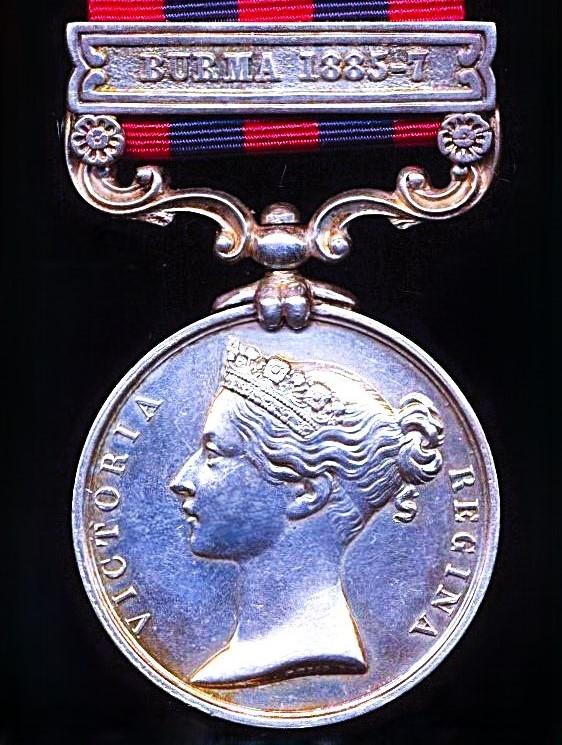 India General Service 1854-95. Silver issue with clasp 'Burma 1885-7 (12876. Sergt. W. Hurlock. R.E.)