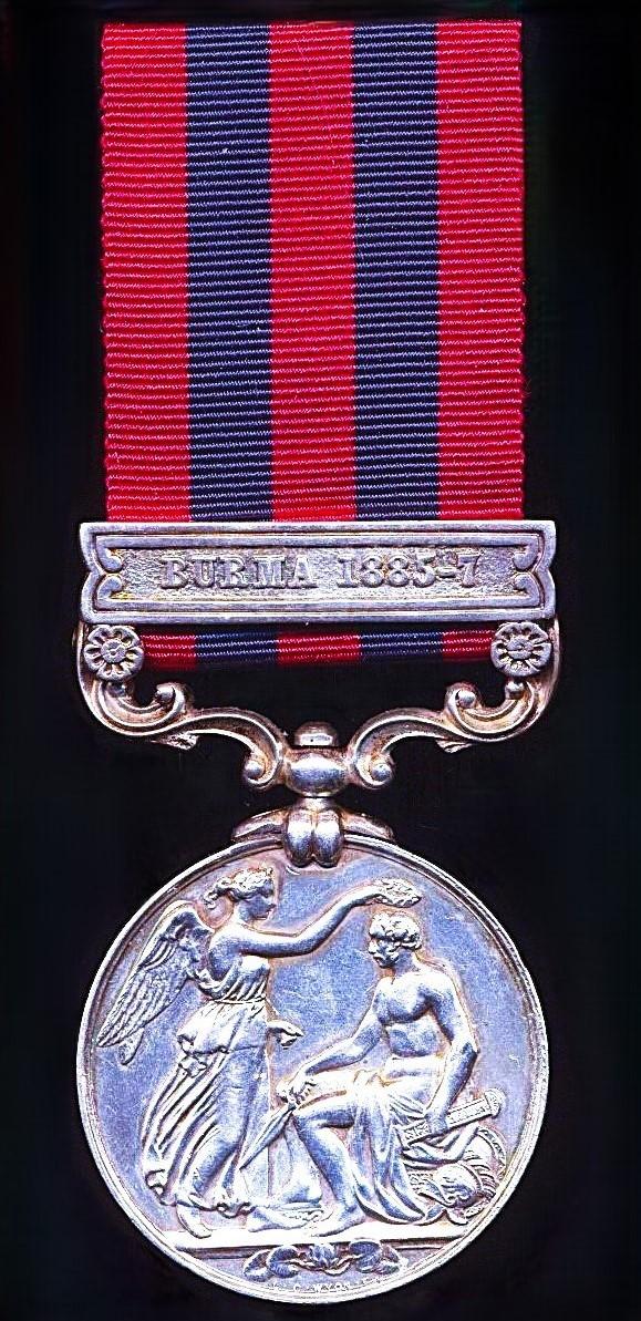 India General Service 1854-95. Silver issue with clasp 'Burma 1885-7 (12876. Sergt. W. Hurlock. R.E.)