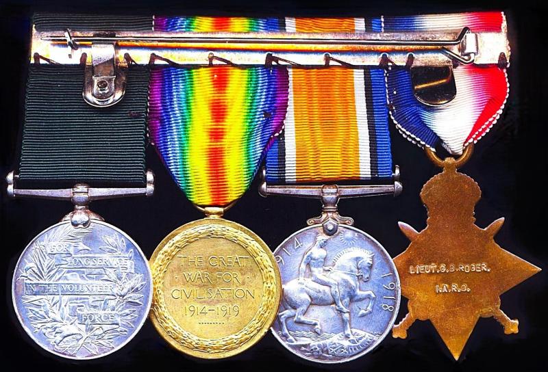 A 'Rangoon Volunteers' Great War medal group of 4: Captain George Bennett Roger, 3rd (Rangoon Port Defence) Group Garrison Artillery Indian Defence Force, late S. & T. C., I.A.R.O. & 1st Electrical Engineer Company Rangoon Port Defence Volunteer Corps